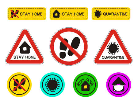 Stickers and warning signs on the topic of quarantine and self-isolation. Stay home icon set for web and app. Traffic signs with coronavirus. Vector illustration on the topic an epidemic.のイラスト素材