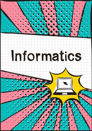 Cover for a school notebook or computer science textbook. School Pattern in bright pop art style. A hand-drawn icon of an open laptop with an arrow cursor on the screen.のイラスト素材