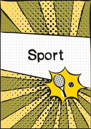 Cover for a school notebook or physical education textbook. School Pattern in bright pop art style. Hand-drawn icon of tennis racket and ball. Blank for training or sports poster.のイラスト素材