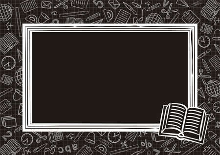Template for school educational project in chalky style. School board on a background of a notebook sheet in a box. School icons drawn by hand in doodle style. Vector Screensaver.のイラスト素材