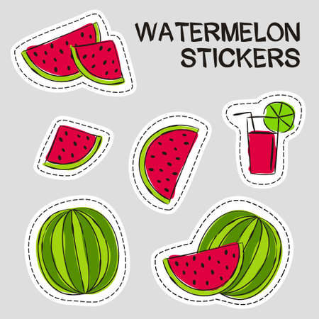 Bright juicy stickers with watermelons. Hand-drawn Whole watermelon and sliced. Summer cocktail. Vector illustration for children's design, posters, menus and cafes.のイラスト素材