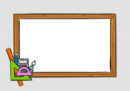 Template for school educational project or photo frame. White School board on a background of a notebook sheet in a box. School icons drawn by hand in doodle style. Vector Screensaver.のイラスト素材