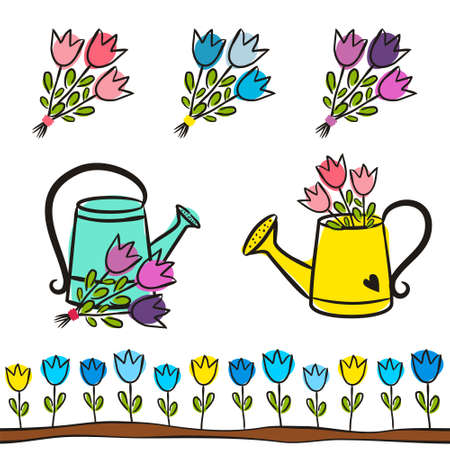 Set of spring elements with cute watering cans and tulips. Hand-drawn cute color garden elements. Vector illustration on the theme of spring, gardening, planting and beds.のイラスト素材