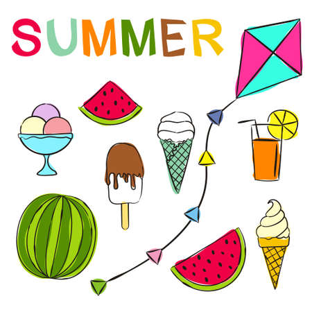 Bright juicy summer elements. Hand-drawn watermelon, ice-cream, kite, lemonade. Summer cocktail. Vector illustration for children's design, posters, menus and cafes.のイラスト素材