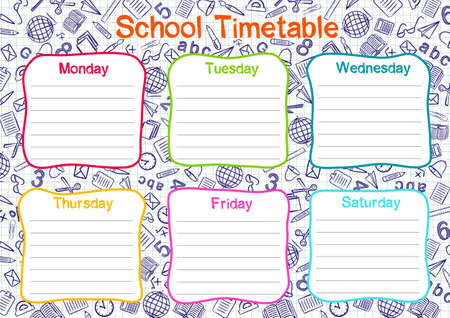 Template of a school schedule for 6 days of the week for students. Vector illustration in colored doodle styles. Includes hand-drawn elements on a school theme.のイラスト素材
