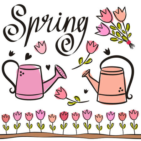 Set of spring elements with cute watering cans and tulips. Hand-drawn cute garden elements and the word Spring. Vector illustration on the theme of spring, gardening, planting and beds.のイラスト素材