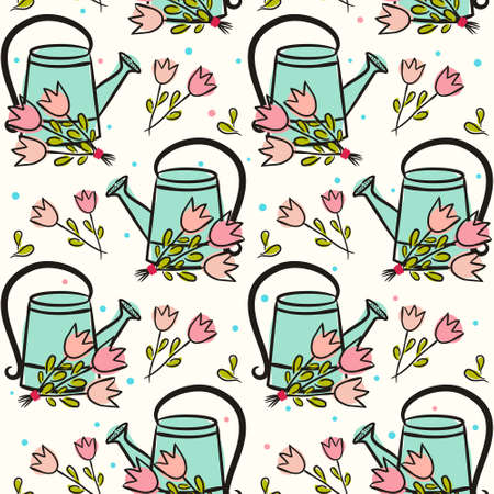 Seamless spring pattern with cute watering cans and tulips. Hand-drawn cute garden elements. Illustration on the theme of spring, gardening, planting and beds.のイラスト素材