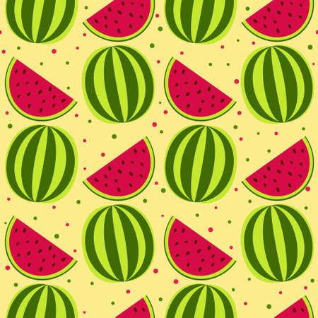 Seamless vector pattern with watermelons. Bright green and red slices of watermelons on a light yellow background. Summer illustrationのイラスト素材