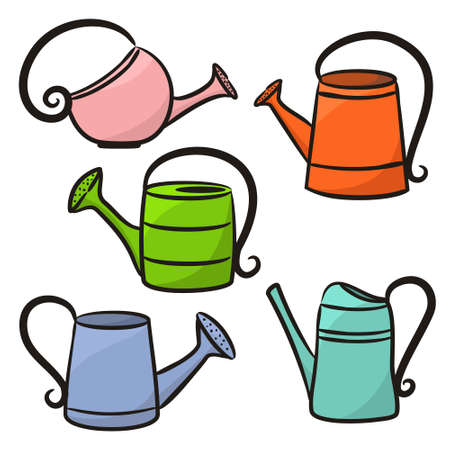 Set of hand-drawn cute watering cans. Garden canister icons isolated on white background. Spring vector illustration for banner design, web design, posters and cards.のイラスト素材