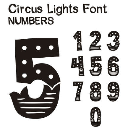 Circus Lights Font numbers set. Hand-drawn decorative numbers for decoration and design. Retro style light lettering. Vector illustrationのイラスト素材