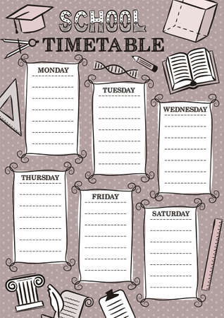 Vintage Template of a school schedule for 6 days of the week for students. Vector illustration in doodle styles. Includes hand-drawn elements on a school theme.のイラスト素材