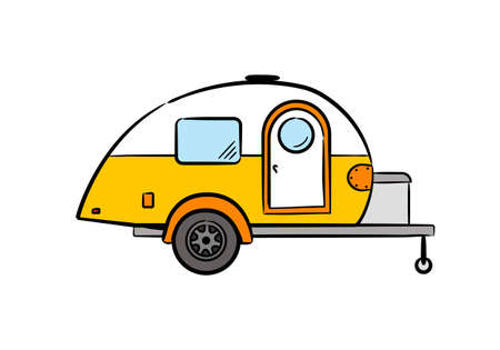 Hand-drawn retro caravan trailer. Camper isolated on white background. Vector illustration on the theme of travel, caravanning, camping, hiking and motorhomes.のイラスト素材