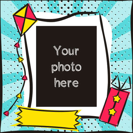 Children's photo book in pop art style. Bright Cover for photo album. Template for the design of frames, posters, cards, stickers. Vector illustration.のイラスト素材
