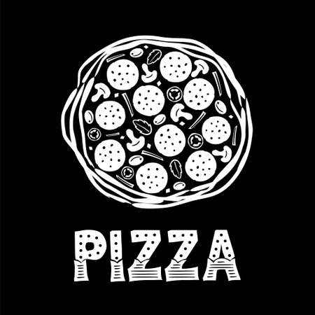 Hand-drawn chalk pizza. Lettering of the word Pizza. White drawing on a black chalkboard. Logo for a pizzeria, cafe or restaurant. Vector illustrationのイラスト素材