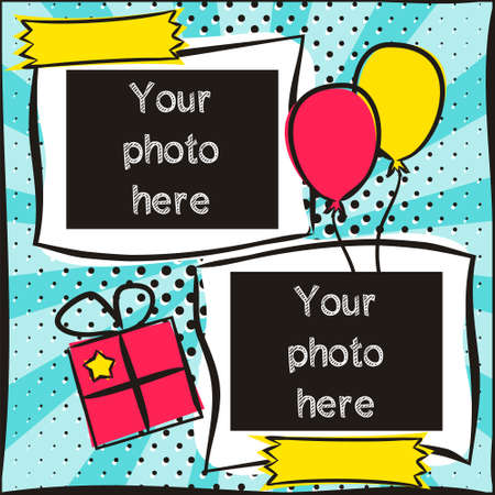 Children's photo book in pop art style. Bright Cover for photo album. Template for the design of frames, posters, cards, stickers. Vector illustration.のイラスト素材