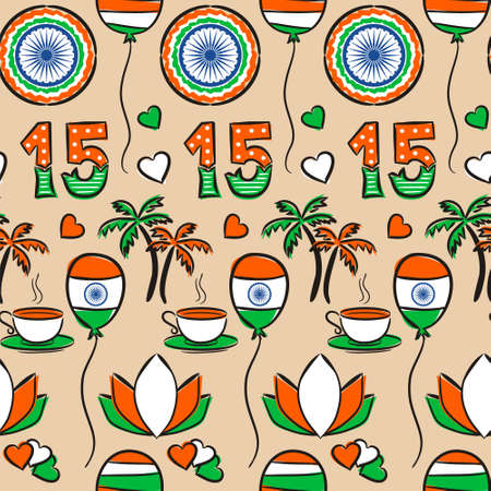 Seamless kids pattern for Indian Independence Day. Background of hand-drawn elements for August 15th in the national colors of India. Vector illustration for a festive decoration.のイラスト素材