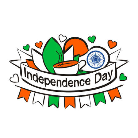 Happy Independence Day. Lettering for Indian Independence Day.    August 15th in national colors of India. Vector illustration for poster design in doodle style.のイラスト素材