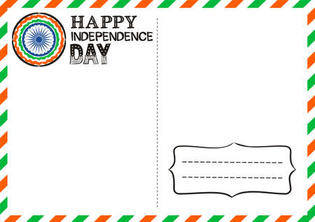 Happy Indian Independence Day postcard. Lettering for Independence Day of India.   August 15th in national colors of India. Vector illustration for greeting card in doodle style.のイラスト素材