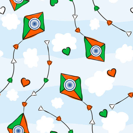 Seamless kids pattern for Indian Independence Day. Background of hand-drawn kites for August 15th in the national colors of India. Vector illustration for a festive decoration.のイラスト素材