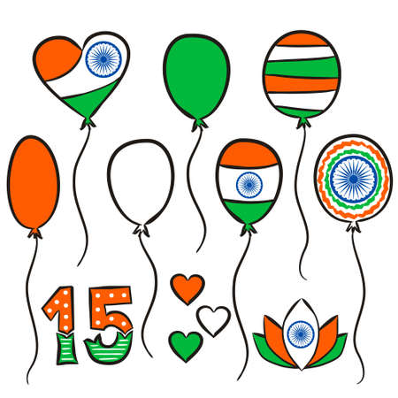 Hand-drawn balloons for Indian Independence Day. Symbols of India in national colors. Set of elements and numbers for August 15th. Vector illustration for poster design.のイラスト素材