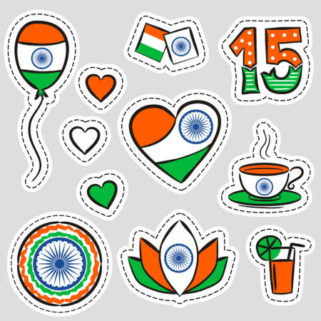 Set of stickers for Indian Independence Day. Items with hand-drawn elements by August 15th in the national colors of India. Vector illustration for posters, cards and banners.のイラスト素材