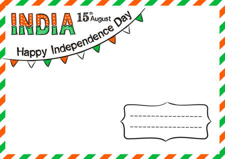 Happy Indian Independence Day postcard. Lettering for Independence Day of India.  August 15th in national colors of India. Vector illustration for greeting card in doodle style.のイラスト素材