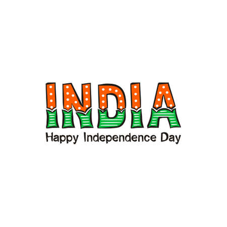 Happy Independence Day. Lettering for Indian Independence Day.  August 15th in national colors of India. Vector illustration for poster design in doodle style.のイラスト素材