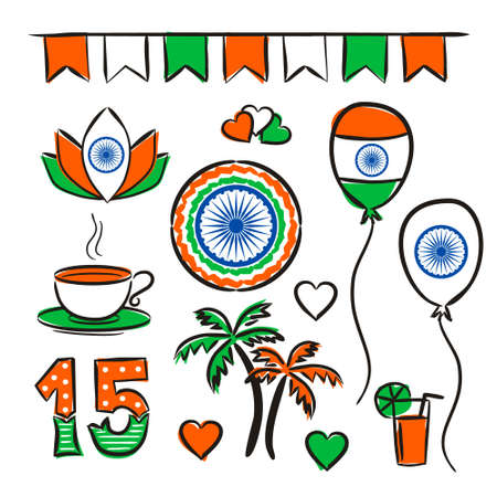 Set of casually drawn elements for Indian Independence Day. Symbols of India in national colors. A set of items for August 15th. Vector illustration for poster design.のイラスト素材