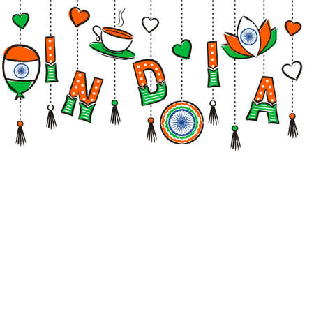 Pattern of elements hanging on chains for Indian Independence Day. Background of hand-drawn elements for August 15th in the national colors of India. Vector illustration for a festiveのイラスト素材