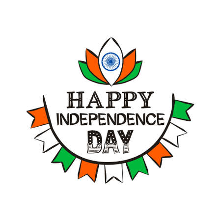 Happy Independence Day. Lettering for Indian Independence Day.   August 15th in national colors of India. Vector illustration for poster design in doodle style.のイラスト素材
