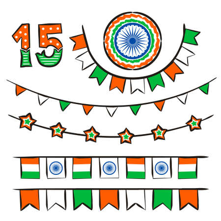 Hand-drawn garlands for Indian Independence Day. Symbols of India in national colors. Set of elements and flags for August 15th. Vector illustration for poster design.のイラスト素材