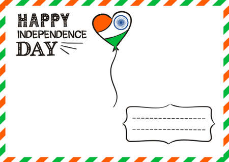 Happy Indian Independence Day postcard. Lettering for Independence Day of India.  August 15th in national colors of India. Vector illustration for greeting card in doodle style.のイラスト素材