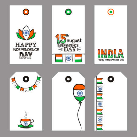 Set of tags for Indian Independence Day. Labels with hand-drawn elements by August 15th in the national colors of India. Vector illustration for posters, cards and banners.のイラスト素材