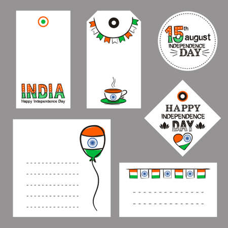 Set of tags and stickers for Indian Independence Day. Labels with hand-drawn elements by August 15th in the national colors of India. Vector illustration for posters, cards and banners.のイラスト素材