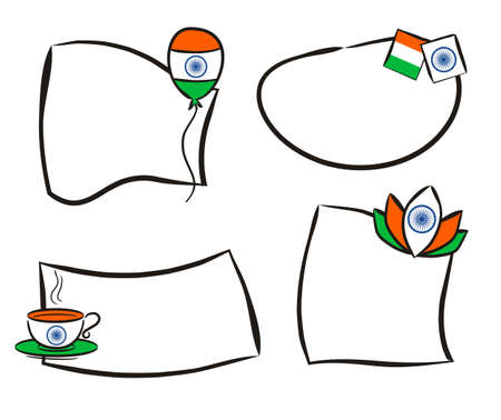 Hand-drawn stickers for Indian Independence Day. Isolated labels by August 15th in national colors of India. Vector illustration for poster design in doodle style.のイラスト素材