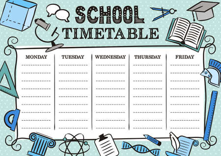 Vintage Template of a school schedule for 6 days of the week for students. Vector illustration in doodle styles. Includes hand-drawn elements on a school themeのイラスト素材