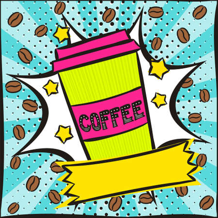 Bright picture on the theme of coffee in the style of pop art. Template for a poster or banner. Square web banner for social media post template. Vector illustration, vintage design.のイラスト素材