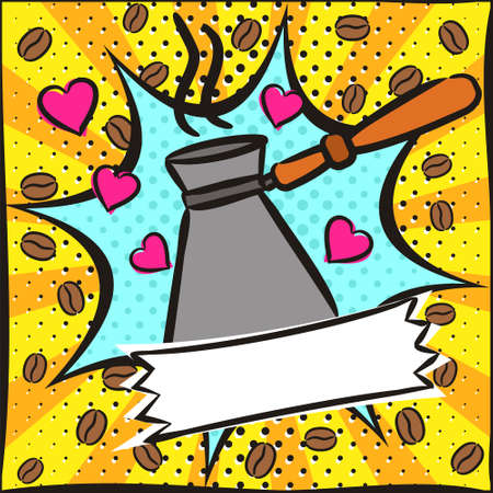 Bright picture on the theme of coffee in the style of pop art. Template for a poster or banner. Square web banner for social media post template. Vector illustration, vintage design.のイラスト素材