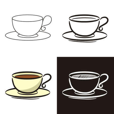 A collection of coffee cup in different styles doodle, contour, chalk. Sets of Hand-drawn cup of coffee. Vector illustration for cafe, restaurant, menu.のイラスト素材