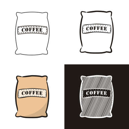 A collection of coffee bag in different styles doodle, contour, chalk. Sets of Hand-drawn coffee beans. Vector illustration for cafe, restaurant, menu.のイラスト素材