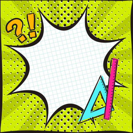 Bright comic empty speech bubble in popart style for school. White explosion frame for text. Square web banner for social media post template. Vector illustration, vintage design.のイラスト素材