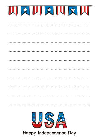 Hand drawn blank for USA Independence Day. Template by July 4th in national colors of the United States of America. Vector illustration for kids poster design in doodle style.のイラスト素材