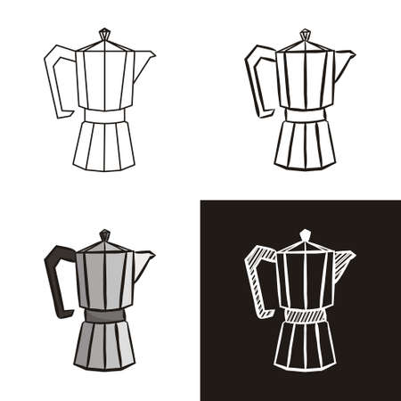 A collection of coffee maker in different styles doodle, contour, chalk. Sets of Hand-drawn moka pot icon. Vector illustration for cafe, restaurant, menu.のイラスト素材