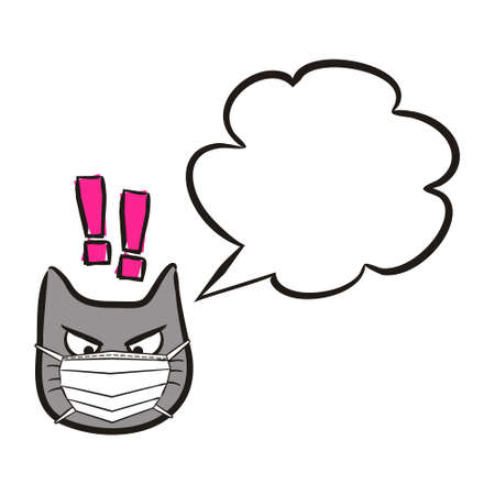 Cat emoji in a protective mask with speech bubble. Cartoon Labels and stickers with Funny hand drawn cats in quarantine. Vector text box for self-locking rules of conduct. Childish illustrationのイラスト素材