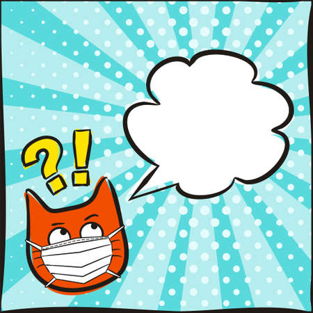 Pop art Cat emoji in a protective mask with speech bubble. Template for a poster or banner for social media post template. Vector illustration on the theme quarantine, medicine, safety, health.のイラスト素材