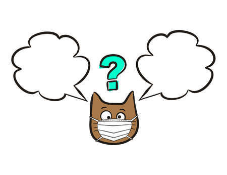 Cat emoji in a protective mask with speech bubble. Cartoon Labels and stickers with Funny hand drawn cats in quarantine. Vector text box for self-locking rules of conduct. Childish illustrationのイラスト素材