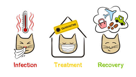 Hand-drawn cats and stages of a viral disease. Steps from infection, treatment to recovery. Vector children's illustration on the subject of symptoms, quarantine, medicine, safety and health.のイラスト素材
