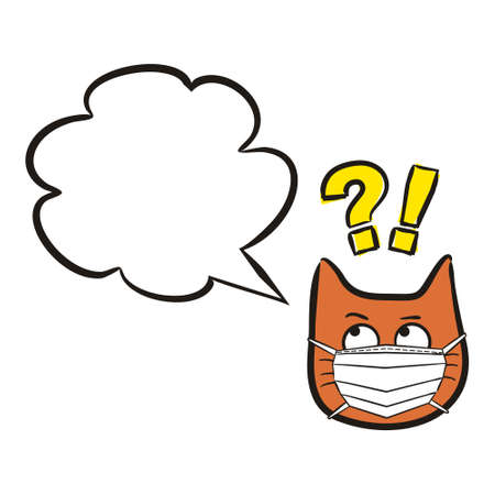 Cat emoji in a protective mask with speech bubble. Cartoon Labels and stickers with Funny hand drawn cats in quarantine. Vector text box for self-locking rules of conduct. Childish illustrationのイラスト素材