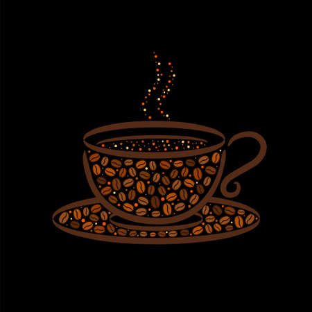 A cup lined with coffee beans. Hand-drawn grains and steaming cup of coffee. Dark brown logo. Vector illustration for menu, cafe, restaurant.のイラスト素材