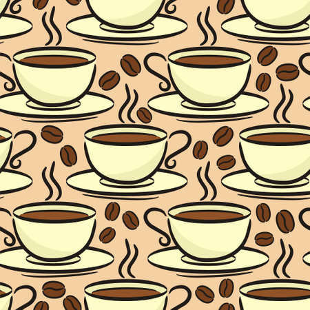 Seamless Hand-drawn coffee pattern. Cup and coffee beans. Background for cafe, restaurant, coffee shop or menu. Vector illustration.のイラスト素材
